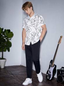 GENTILAND Lỏng lẻo phù hợp Nam Hoa In Áo sơ mi & Eo dây rút Quần - Đen và trắng - Xem 3