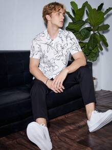 GENTILAND Lỏng lẻo phù hợp Nam Hoa In Áo sơ mi & Eo dây rút Quần - Đen và trắng - Xem 5