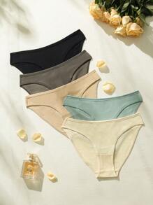 SHEIN Women Casual Multicolor Plain Knitted Fabric Medium Stretch Briefs Bikini Panties Underwear 5 Pack Set - Multicolor - View 3