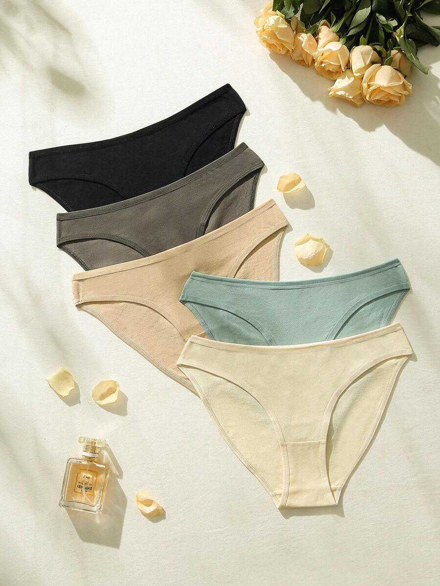 SHEIN Paquete de 5 bragas tipo bikini de tela de punto elástica de color liso y casual para mujer - Multicolor - Ver 1