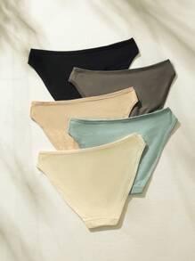 SHEIN Women Casual Multicolor Plain Knitted Fabric Medium Stretch Briefs Bikini Panties Underwear 5 Pack Set - Multicolor - View 2