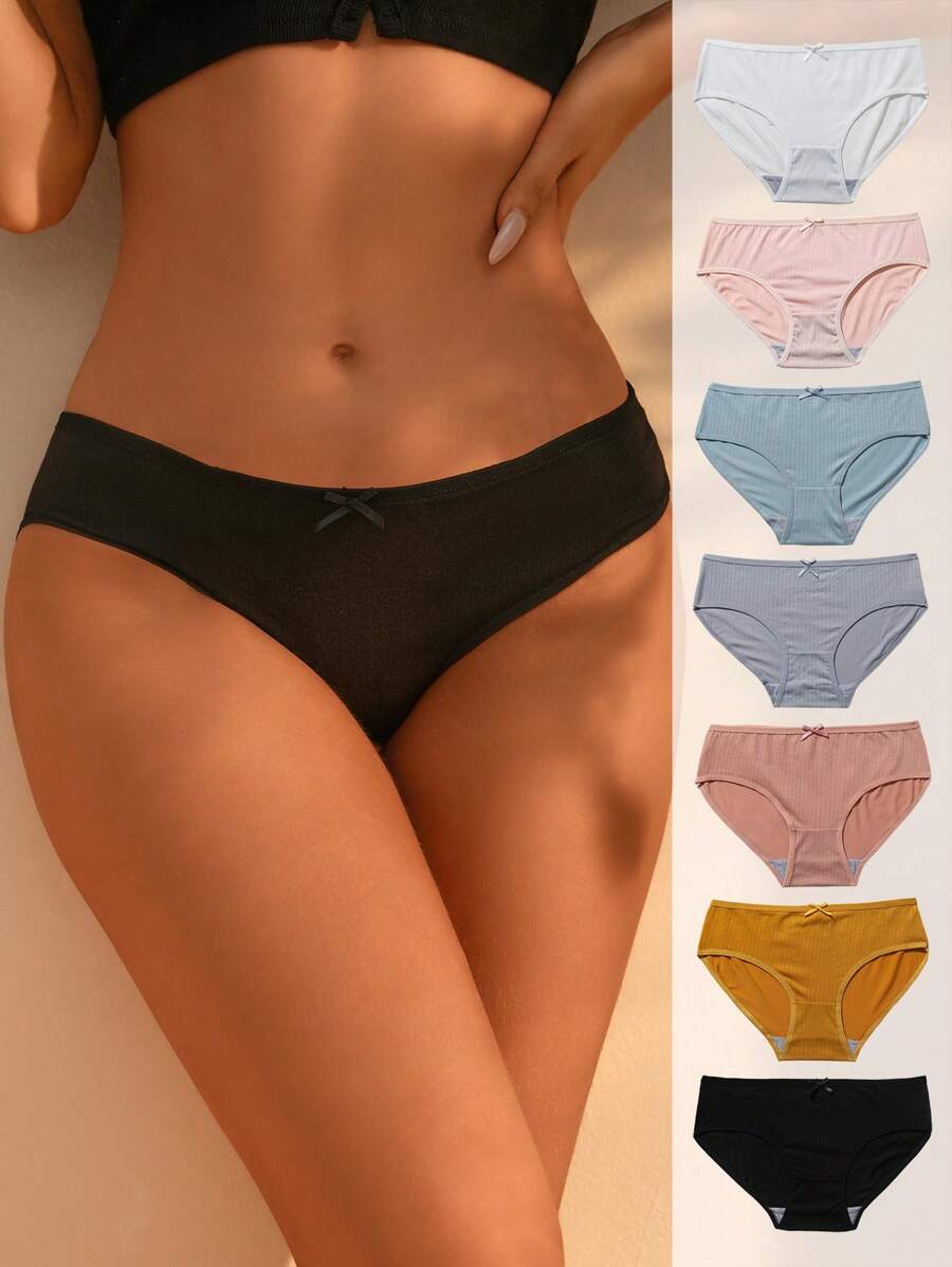 7pcs Solid Bow Front Ribbed Knit Panty - Multicolor - View 1