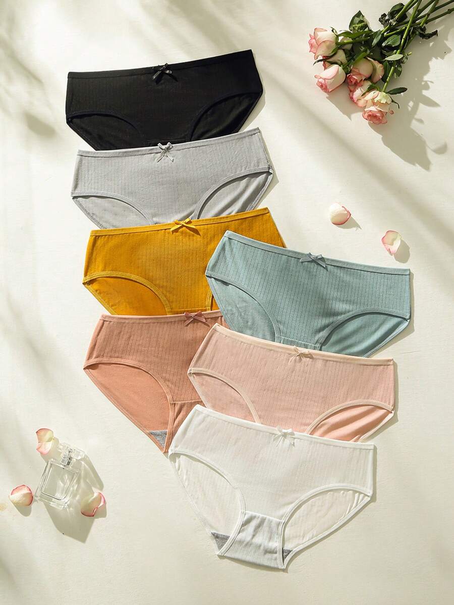 7 piezas Bragas unicolor con lazo delantero tejido de canalé - Multicolor - Ver 1