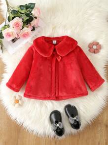 SHEIN Đứa bé gái Cổ tròn Áo khoác Teddy - Đỏ - Xem 1