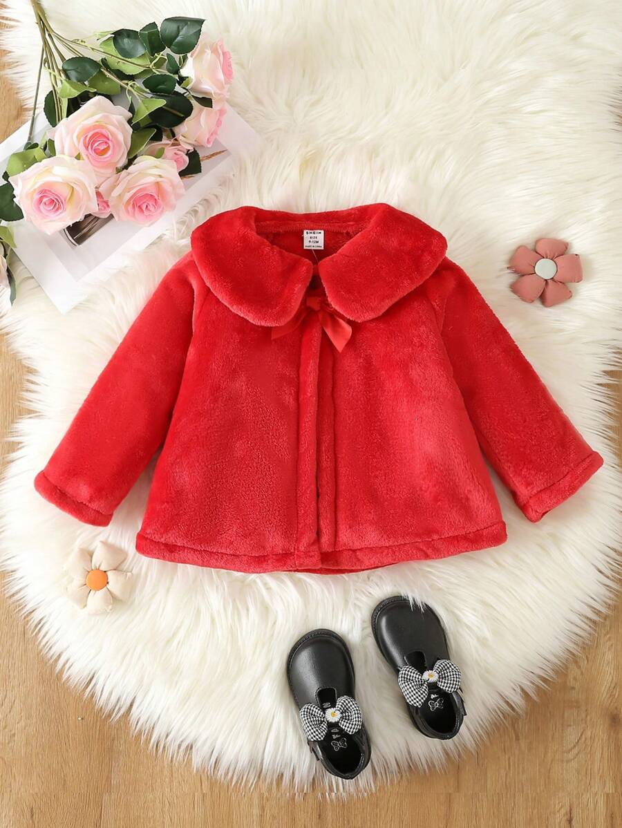 SHEIN Đứa bé gái Cổ tròn Áo khoác Teddy - Đỏ - Xem 1