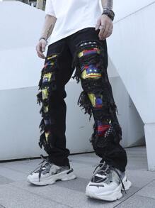 Manfinity 男士星星印花破洞抽鬚直筒牛仔褲 - 黑色 - 查看 3