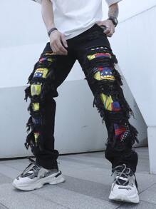 Manfinity 男士星星印花破洞抽鬚直筒牛仔褲 - 黑色 - 查看 4