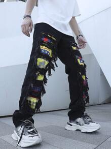 Manfinity 男士星星印花破洞抽鬚直筒牛仔褲 - 黑色 - 查看 5