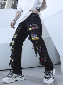 Manfinity 男士星星印花破洞抽鬚直筒牛仔褲 - 黑色 - 查看 6