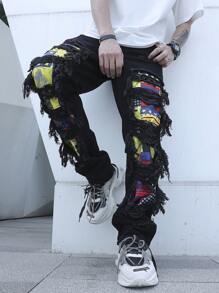 Manfinity 男士星星印花破洞抽鬚直筒牛仔褲 - 黑色 - 查看 7