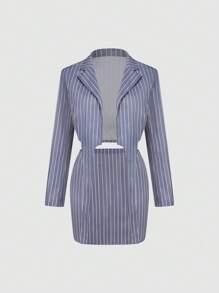 SHEIN Unity Striped Print Lapel Neck Blazer & Skirt - Grey - View 1