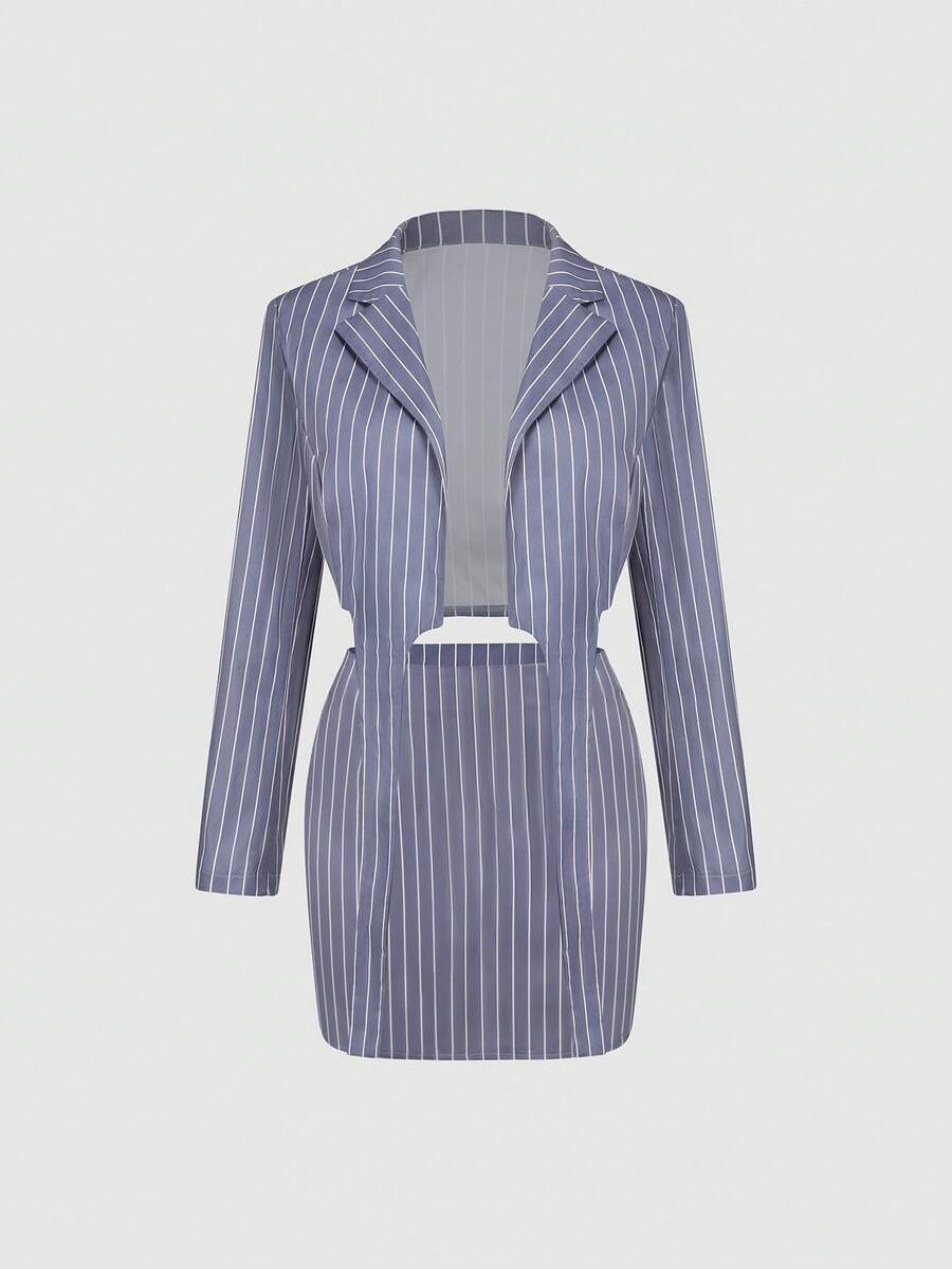 SHEIN Unity Striped Print Lapel Neck Blazer & Skirt - Grey - View 1