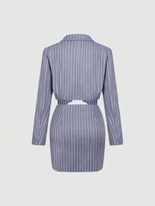 SHEIN Unity Striped Print Lapel Neck Blazer & Skirt - Grey - View 2