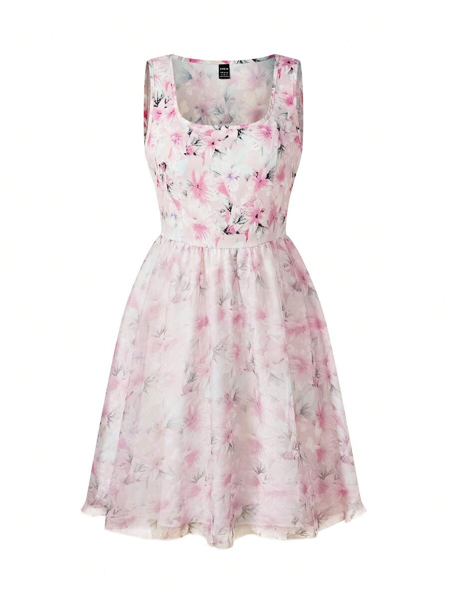 SHEIN Unity Floral Print Mesh Overlay Dress