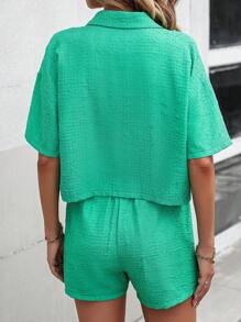 Chiquease 落肩袖口袋貼布襯衫&短褲