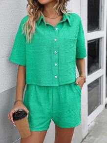 Chiquease 落肩袖口袋貼布襯衫&短褲