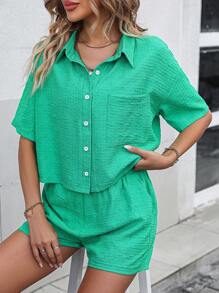 Chiquease 落肩袖口袋貼布襯衫&短褲