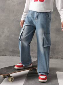 Tween Boy Flap Pocket Side Cargo Trousers - Light Wash - View 5