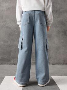 Tween Boy Flap Pocket Side Cargo Trousers - Light Wash - View 2