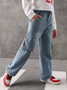 Tween Boy Flap Pocket Side Cargo Trousers - Light Wash - View 4