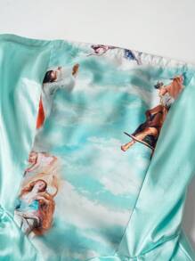 SHEIN Unity 人像圖案抽繩前收褶抹胸連衣裙 - 薄荷綠 - 查看 6