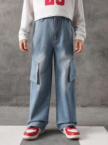 Tween Boy Flap Pocket Side Cargo Trousers - Light Wash - View 1