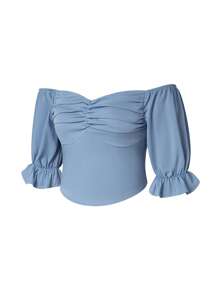 SHEIN Unity 休閒褶邊 揉皺 打褶純色女士襯衫 - 藍色 - 查看 4