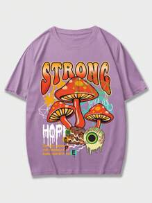 ROMWE MEN Street Life Men Mushroom & Letter Graphic Tee - Purple - View 1