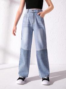 Tween Girl Slant Pocket Straight Leg Jeans - Light Wash - View 1