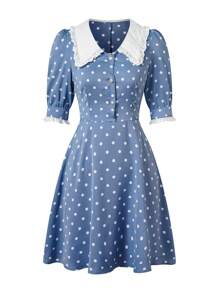 SHEIN Unity Polka Dot Print Contrast Collar Puff Sleeve Dress - Blue and White - View 1