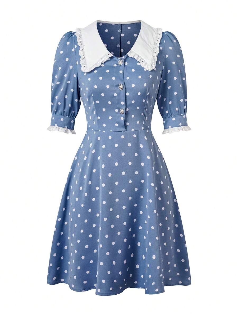 SHEIN Unity Polka Dot Print Contrast Collar Puff Sleeve Dress - Blue and White - View 1