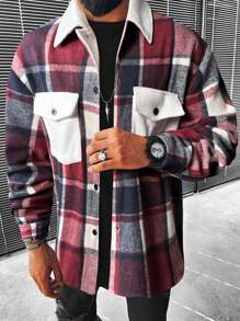 Manfinity Homme 寬鬆版式男士格紋印花大衣,附蓋式口袋和扣子 - 彩色 - 查看 1