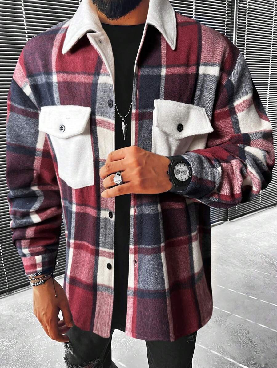 Manfinity Homme 寬鬆版式男士格紋印花大衣,附蓋式口袋和扣子 - 彩色 - 查看 1