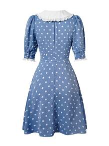 SHEIN Unity Polka Dot Print Contrast Collar Puff Sleeve Dress - Blue and White - View 2