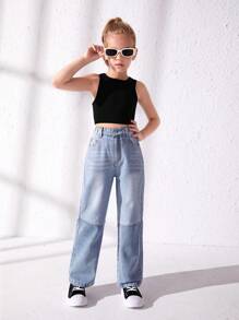 Tween Girl Slant Pocket Straight Leg Jeans - Light Wash - View 4