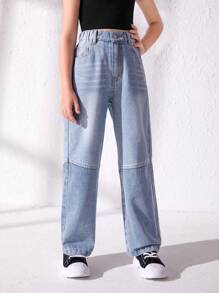 Tween Girl Slant Pocket Straight Leg Jeans - Light Wash - View 5