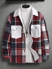 Manfinity Homme 寬鬆版式男士格紋印花大衣,附蓋式口袋和扣子 - 彩色 - 查看 6