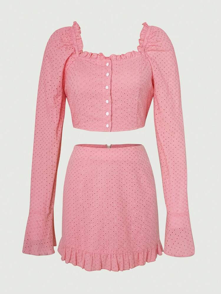 Frill Trim Crop Blouse & Ruffle Hem Skirt