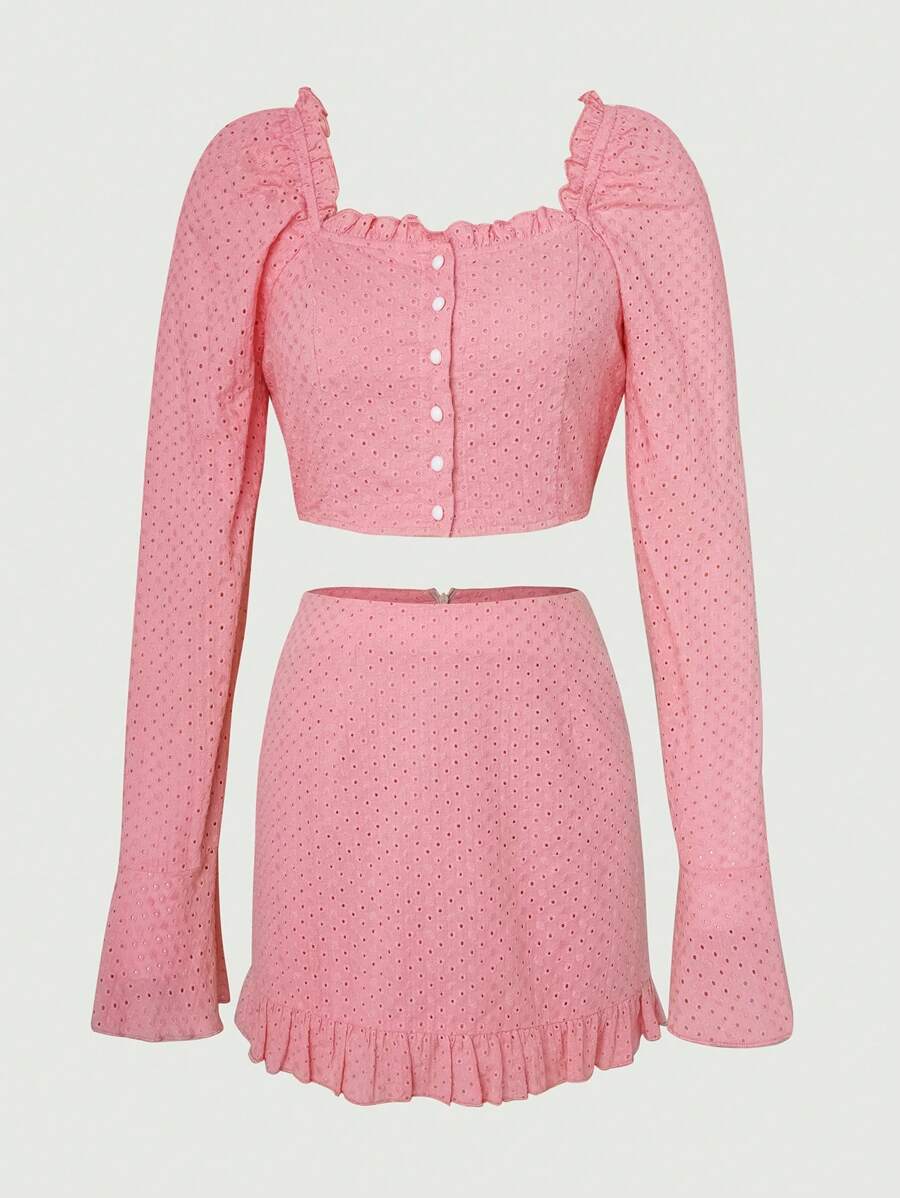 SHEIN Unity Frill Trim Crop Blouse & Ruffle Hem Skirt