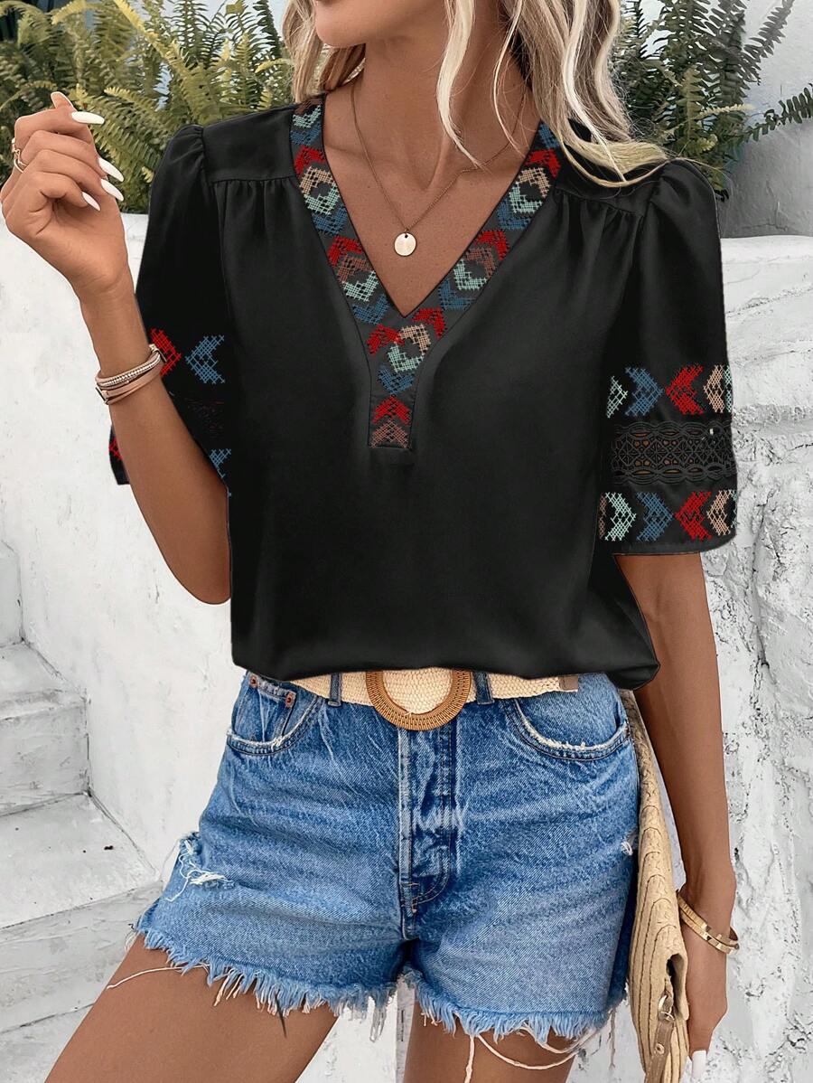 SHEIN VCAY Geo Embroidery Puff Sleeve Blouse - Black - View 1