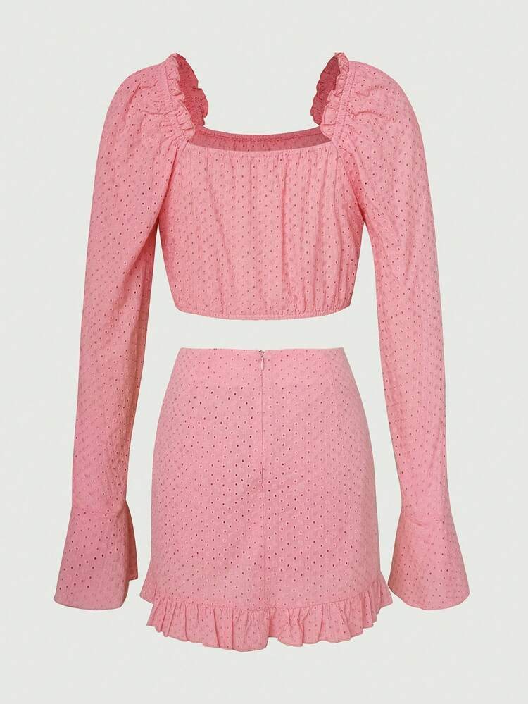 Frill Trim Crop Blouse & Ruffle Hem Skirt