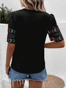 SHEIN VCAY Geo Embroidery Puff Sleeve Blouse - Black - View 2