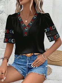 SHEIN VCAY Geo Embroidery Puff Sleeve Blouse - Black - View 3