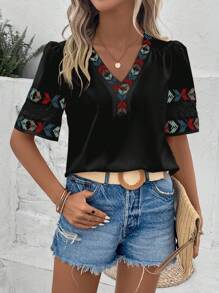 SHEIN VCAY Geo Embroidery Puff Sleeve Blouse - Black - View 5