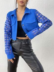 SHEIN Essnce 網紗拼接翻蓋口袋短夾克 - 寶藍色 - 查看 1