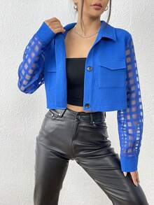 SHEIN Essnce 網紗拼接翻蓋口袋短夾克 - 寶藍色 - 查看 3