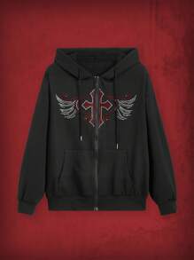 ROMWE Grunge Punk Plus Size Sweatshirt With Cross & Rhinestone Design And Drawstring Closure - Black - View 1