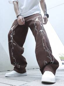 Manfinity Men Lightning Print Straight Leg Jeans - Coffee Brown - View 1