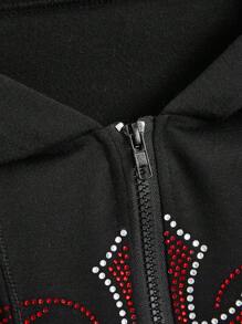 ROMWE Grunge Punk Plus Size Sweatshirt With Cross & Rhinestone Design And Drawstring Closure - Black - View 4