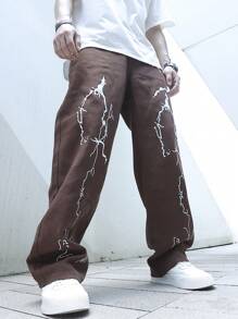 Manfinity Men Lightning Print Straight Leg Jeans - Coffee Brown - View 4